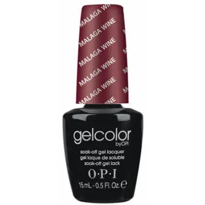 OPI Gelcolor Soak Off Gel Nail Polish in Malaga Wine by ThinkAtoZ bottle with maroon cap
