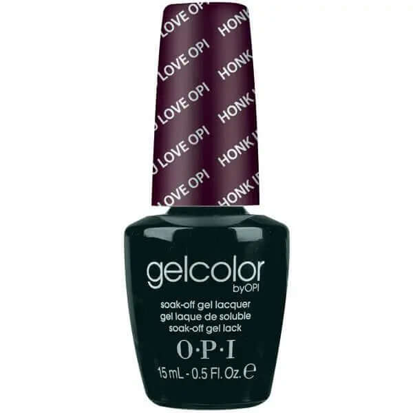 honk if you love opi ThinkAtoZ OPI Gelcolor Soak Off Gel Nail Polish bottle with dark purple shade and branded cap