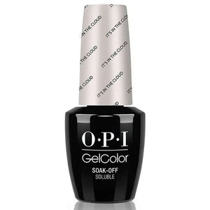 OPI Gelcolor Soak Off Gel Nail Polish bottle in black with white cap featuring It’s In The Cloud label