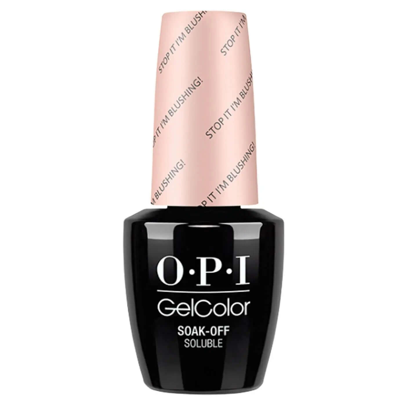 OPI Gelcolor Soak Off Gel Nail Polish bottle in black with pink cap labeled Stop It I'm Blushing