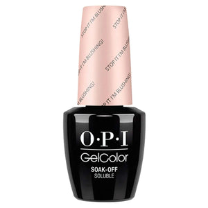 OPI Gelcolor Soak Off Gel Nail Polish bottle in black with pink cap labeled Stop It I'm Blushing