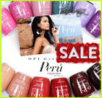 ThinkAtoZ OPI Peru gel polish collection with vibrant shades arranged around promotional image and sale sign