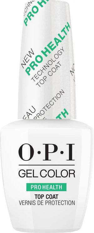 OPI GelColor base coat top coat Pro Health white nail polish bottle with green and black text