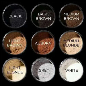 Toppik hair building fiber powder in nine shades including black dark brown medium brown light brown auburn medium blonde light blonde grey and white