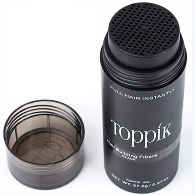 Toppik hair building fiber powder container with black keratin fibers and perforated top for easy application