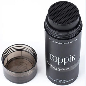 Toppik hair building fiber powder container with black keratin fibers and perforated top for easy application