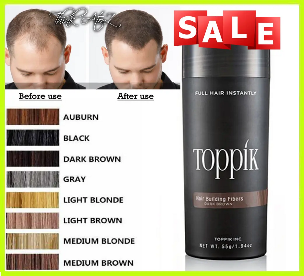 Toppik hair building fiber powder by ThinkAtoZ in dark brown showing before and after hair coverage results